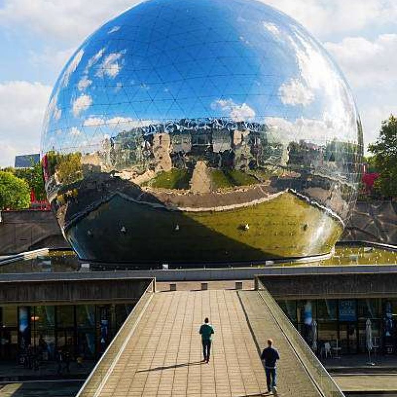 Paris, France - October 15, 2016: La Geode in the Parc de la Villette with unidentified people. Its a mirror-finished geodesic dome with an Omnimax theatre at the Cite des Sciences et de l Industrie